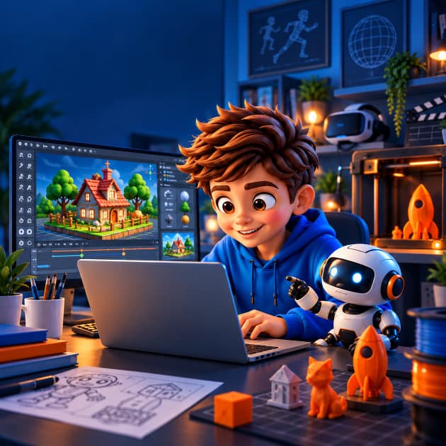 Uczeń pracujący przy komputerze 3D z robotem